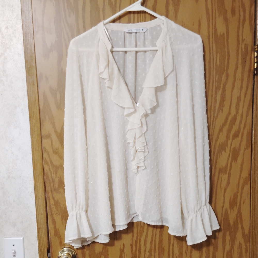 Zara Cream Ruffle Front Semi-Sheer Blouse